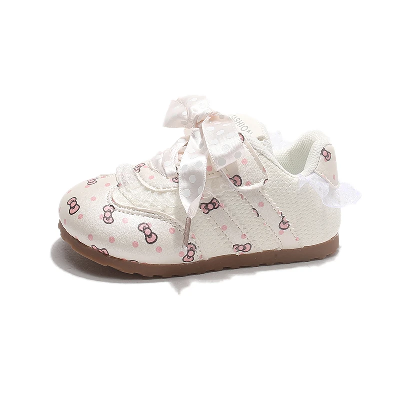 Kids Sweet Casual Shoes, Toddler Girl Cartoon Print Sneakers with Lace Bow, Comfortable Walking Shoes Little Girls