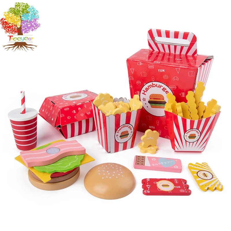 Wooden Pretend Play Toy for Kids Fast Food Set Cooking Simulation Educational Toys and Color Perception Toy for Preschool