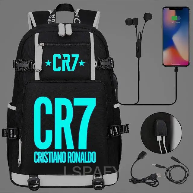 Newest CR7 Backpack USB Charge Luminous Capacity School Bags For Boys Girls Black Big Casual Laptop Mochila Escolar