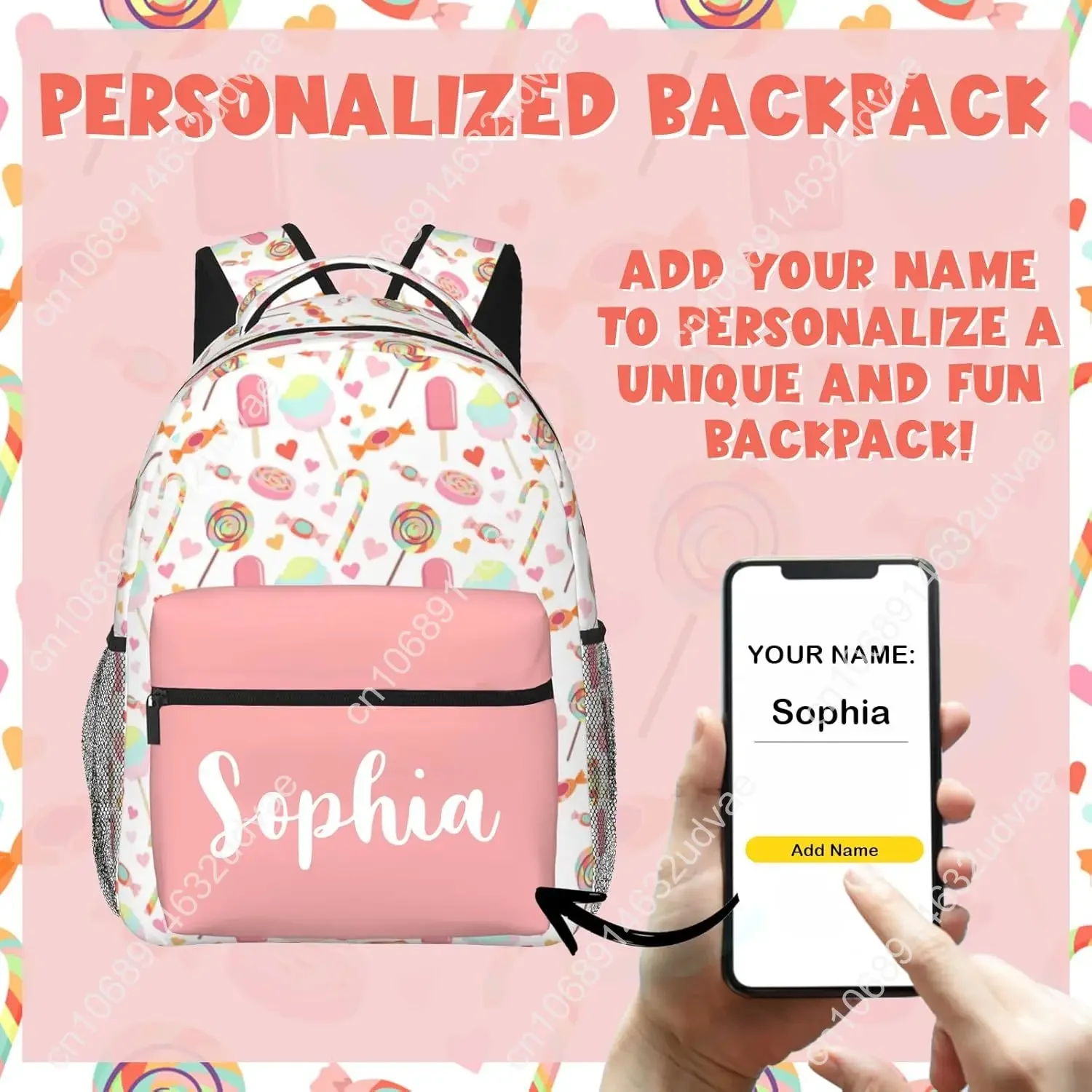 Personalized Backpack for Girls Boys, Custom Backpacks with Name for Kids, Customized Candy School Bookbag for Back to School Tr