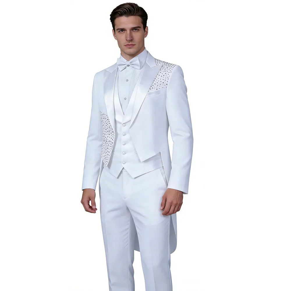 Men's Rhinestones Tailcoat Suit Stage Party Swallow-tailed Coat Set Black White Slim Fit Host Magician Singer Chorus Dress Suits