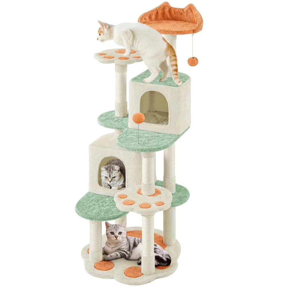 

58″ Tall Cute Cat Paw-Shaped Cat Tree,With Platforms, Condos, Scratching Posts, Toys Cat Tower For Small/Medium Cats