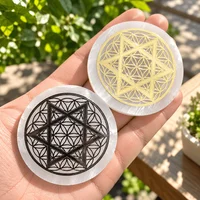 Selenite Charging Plate Natural Carved Stone Slab, Gypsum Slice With Black‑Golden Border Six‑Pointed Star, Moroccan Coaster Base