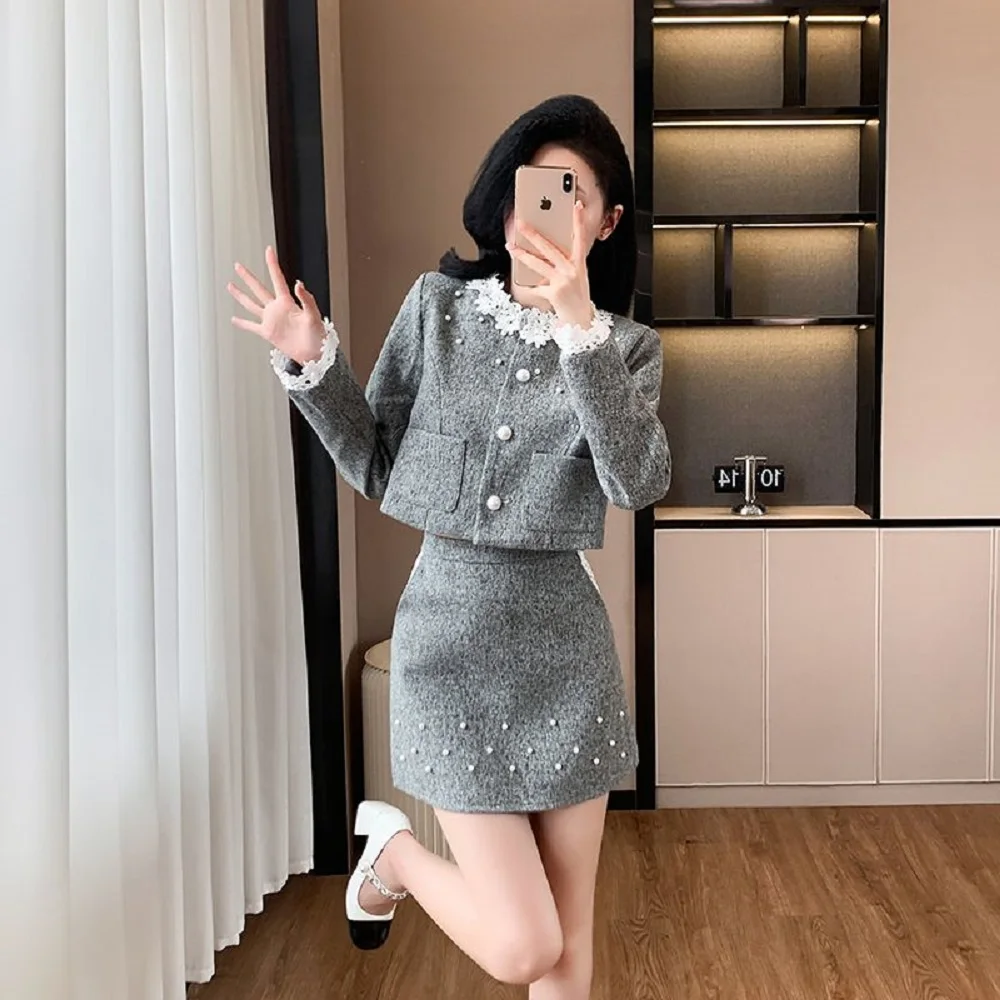 

French Two-Piece Set High-End Lace Beaded Long-Sleeved Jacket Short Skirt Women 2025 Spring Autumn New Suit