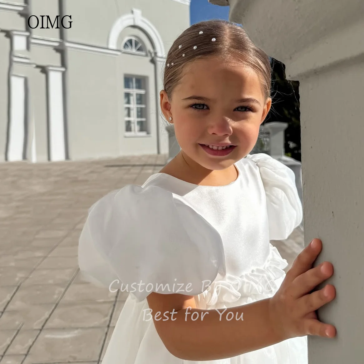 OIMG 아이보리 오 넥 A 라인 플라워 걸 드레스 퍼프 슬리브 무릎 길이 웨딩 파티 드레스 생일 성찬식 맞춤형