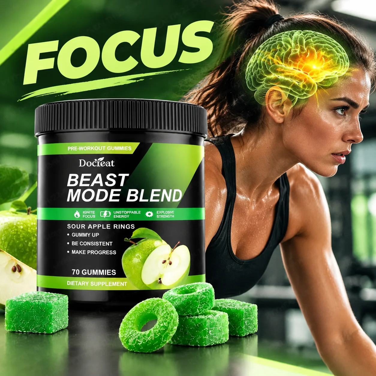 Pre-Workout Gummies,Workout Concentration,Sustained Energy,Eases Exercise Fatigue,Taurine L-Tyrosine CoQ10 Vitamin D,70 Gummies