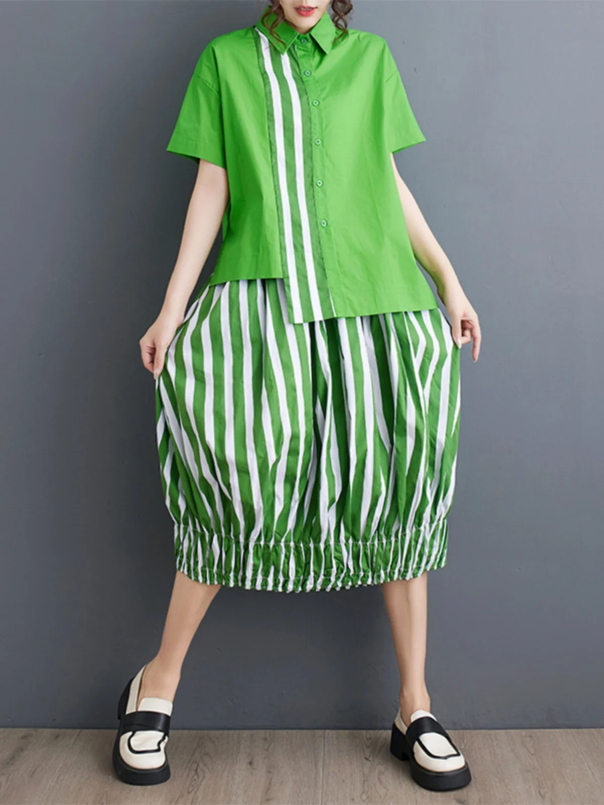 

Casual Loose Patchwork Striped Women's irt Faion Design Two-Piece Set Cotton ort Sve Collar Button-Up Summer Ou...