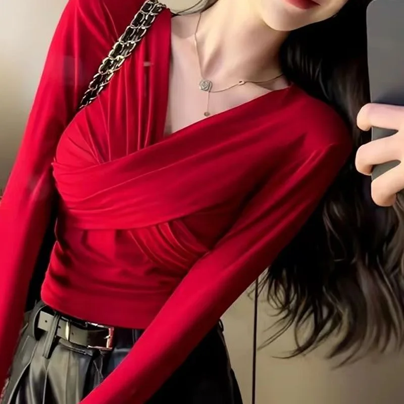 Nice Autumn Solid Slim Undercoat Women's Clothing V-neck Tops Ladies Fashion Pleated Pullovers New Elegant Long Sleeve T-Shirts