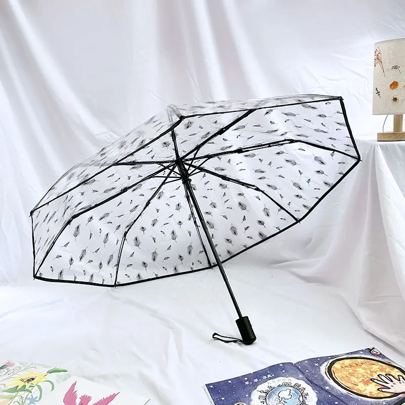 1 piece of compact fully automatic transparent feather umbrella suitable for taking photos couple umbrella windproof rainproof s