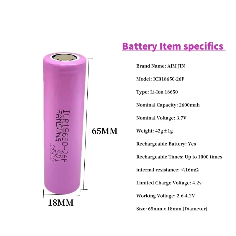 High Capacity INR18650 26F 3.7V 2600mAh 18650 Flat Head High Current Rechargeable Lithium Battery