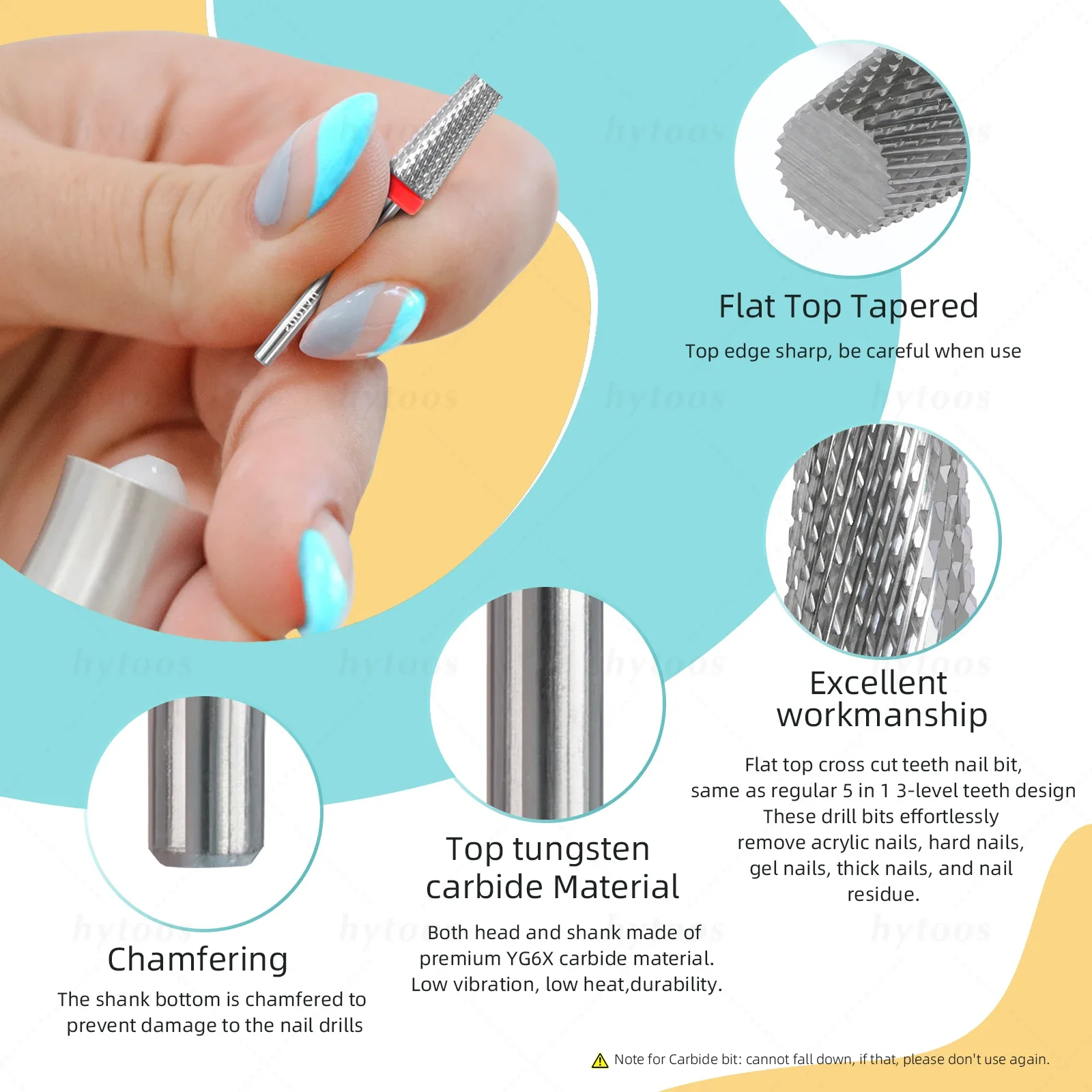 HYTOOS Flat Top Tapered 5-in-1 Nagelbohrer Kreuzzähne Hartmetall-Nagelbits Entfernen Gel Elektrische Bohrer Feile Maniküre Zubehör