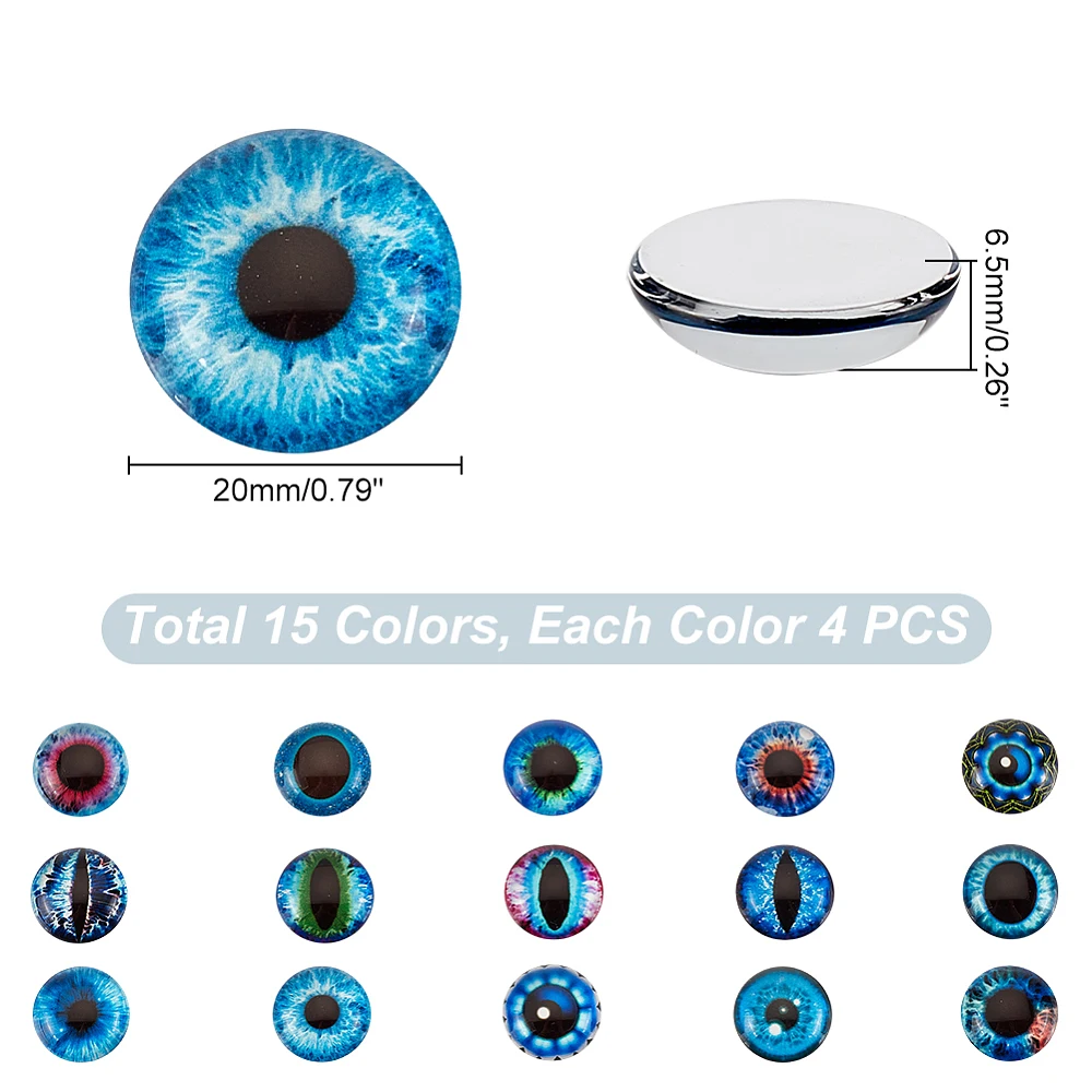 60 Pcs Dragon Eye Printed Flatback Glass 20mm Half Round Dragon Eyes 15 Colors Glass Cabochons Dragon Eyes Snake Eye for Craft
