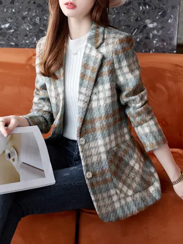 Tartan Wool Single-Breasted Blazer - High-End Versatile Stylish Commuter Professional Slim-Fit Jacket