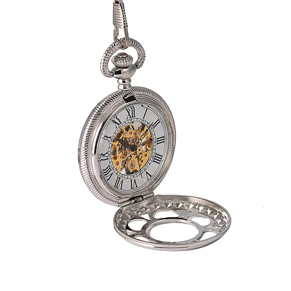 Pocket Watch sliver Mechanical Petals Retro Fashion Simple Engraving Handmade Round Mechanical Watch Unisex
