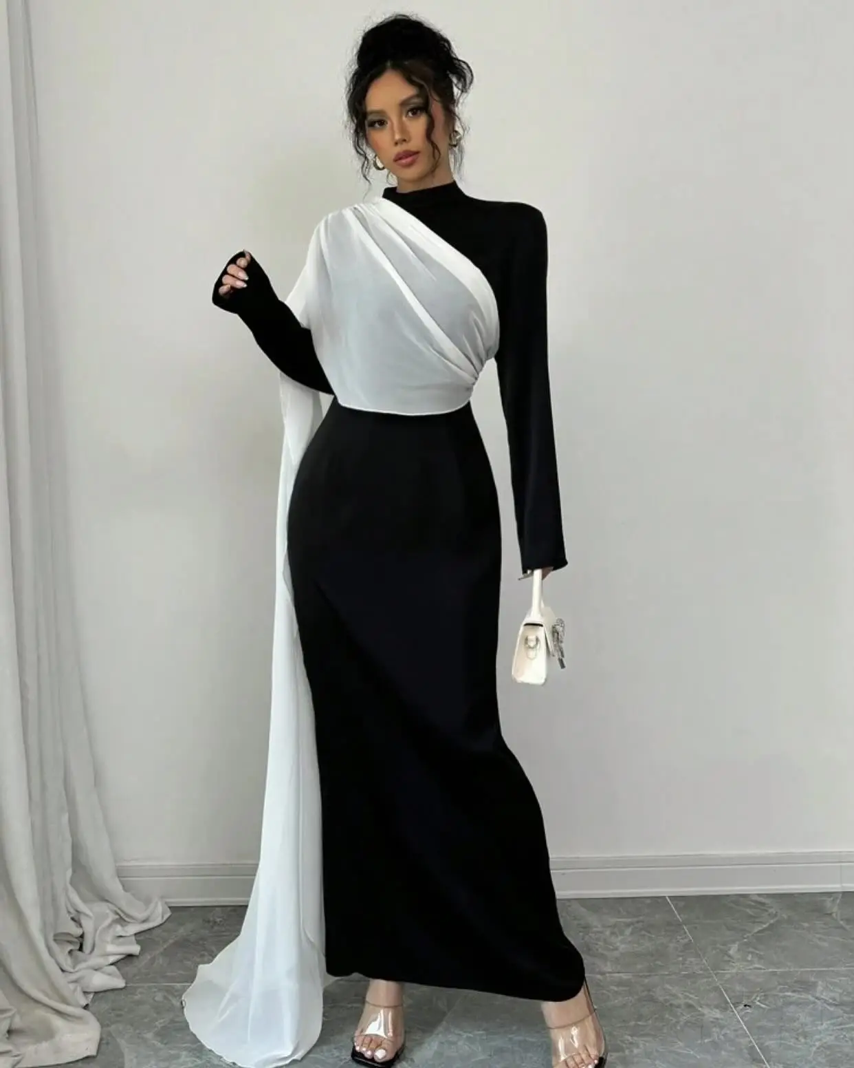

Customized Mermaid Elegant Black Jersey Evening Dress Simple High Neckline Long Sleeves Prom Dress Fashion Party Dress