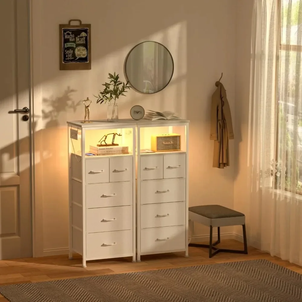 

Dresser for Bedroom, Tall Nightstand, Vertical Chest with Wood Top, Charging Station, LED Lights, 5 Fabric Bins, Bedside Table