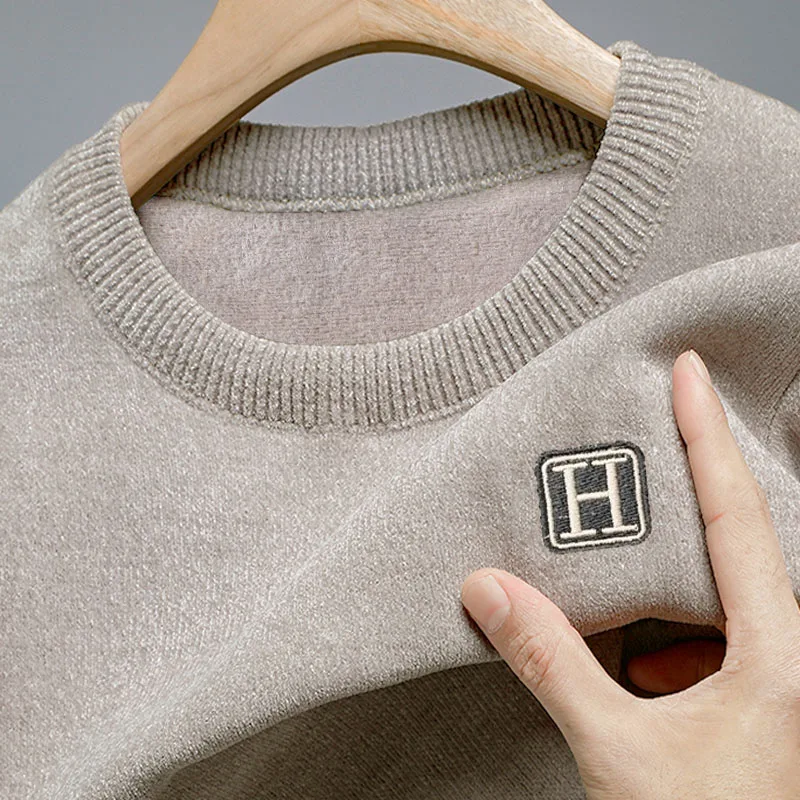 Men Casual Crew Neck Knit Sweater Winter New Loose Fit Fleece Lined Thick Warm Pullovers Male Chic Embroidered Base Layer Tops