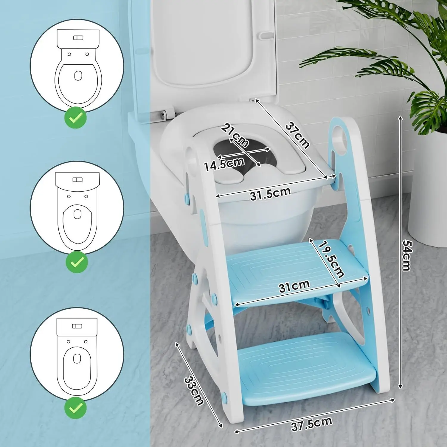 Children's Toilet Seat with Stairs Baby Toilet Seat 2in1 with Step Stool, Triangular Stand, Potty Trainer with PU Padding