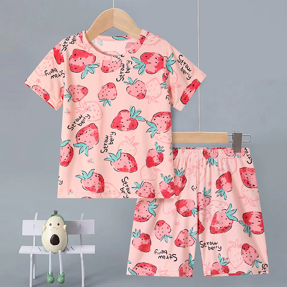 2-tlg. Kinder Sommer Mode Druck Hause Kleidung Anzug Junge Bequeme Joker Dinosaurier Kurzen ärmeln Mädchen Süße Rosa shorts Anzug – Detail 10