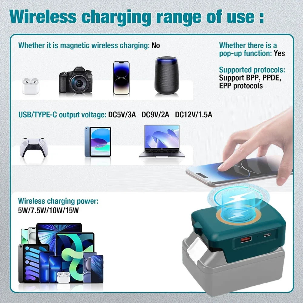 شاحن هاتف لاسلكي لماكيتا 18 فولت شاحن هاتف بطارية ليثيوم أيون مع منفذ USB ومنفذ USB بنك طاقة خارجي محمول #5