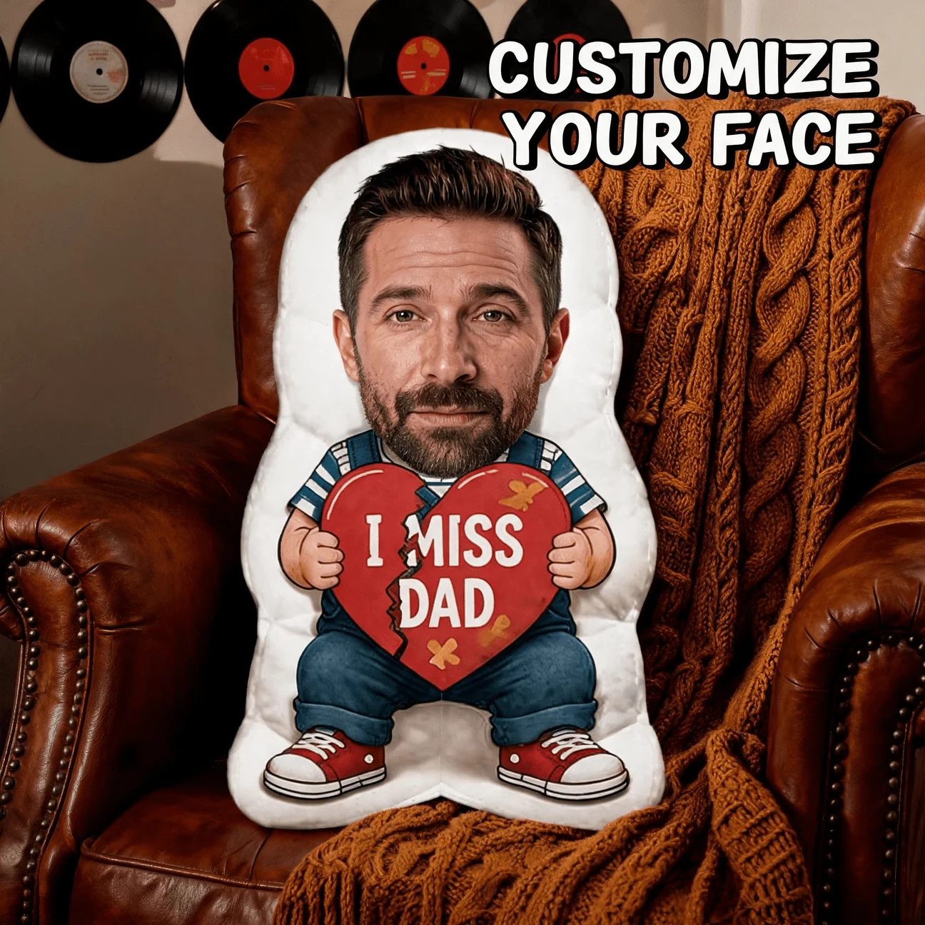 Customized photo shaped pillow with personalized face on cartoon body, holding 