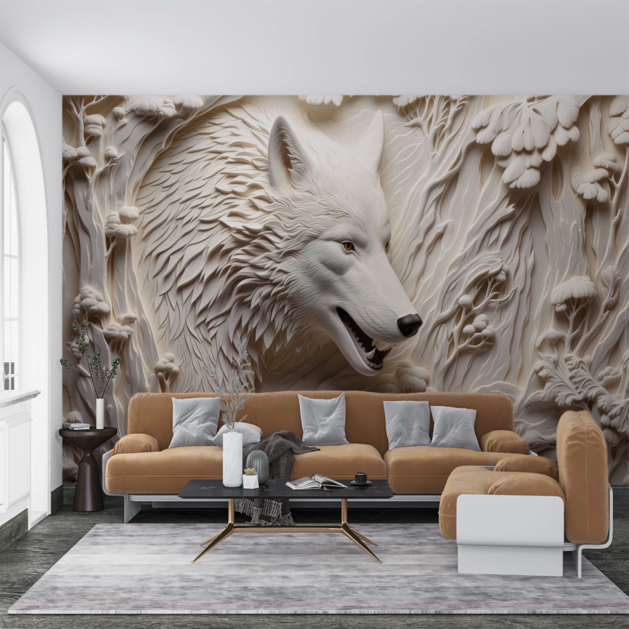 Custom 3D Relief White Wolf Forest Mural Embossed Sculpture Wallpaper Wild Animal Wall Mural for Living Room Home Decor