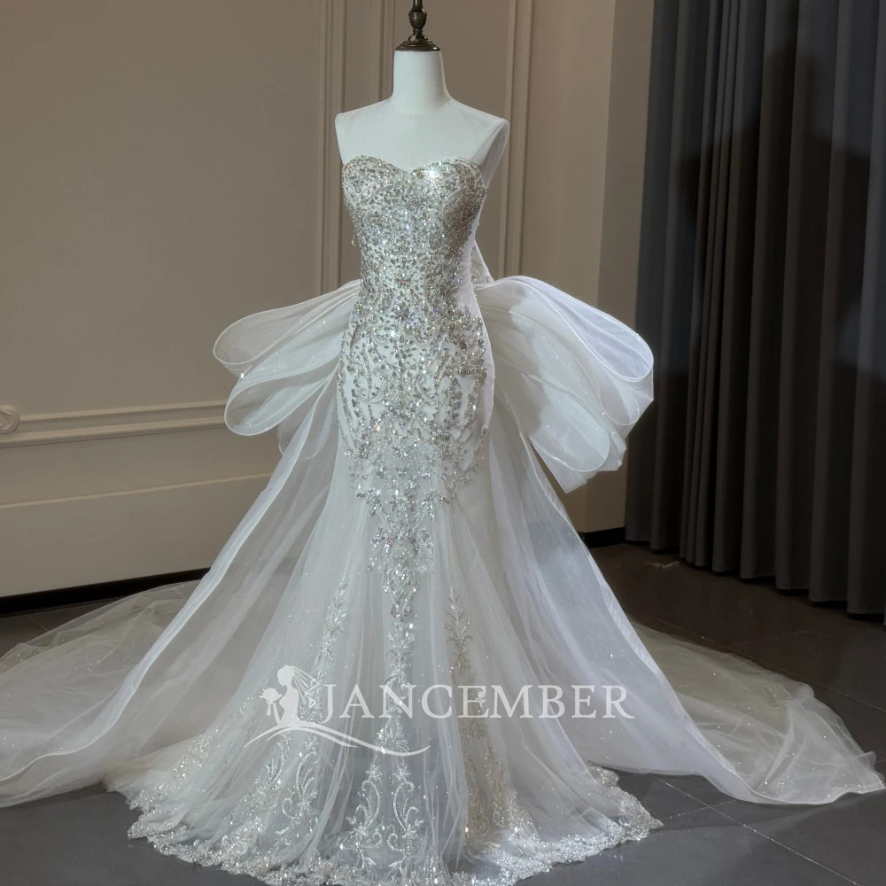 Princess White Mermaid Customized Wedding Dress Strapless Removable Train Beaded Organza Bow Train vestidos de novia boda