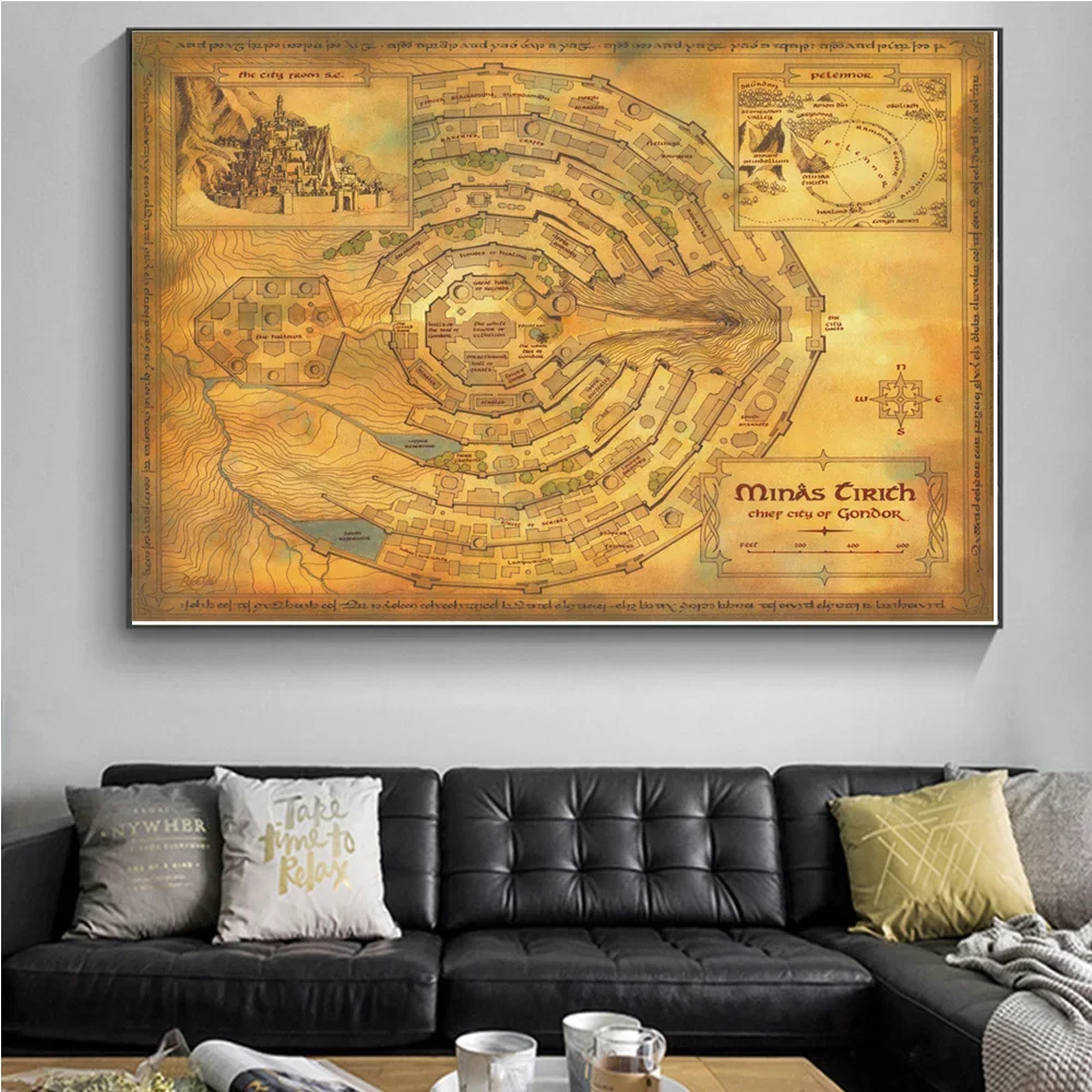 Hot L-Lord World Rings Map Flat Middle Earth Movie Vintage Canvas Painting Wall Art Picture Living Room Home Decor