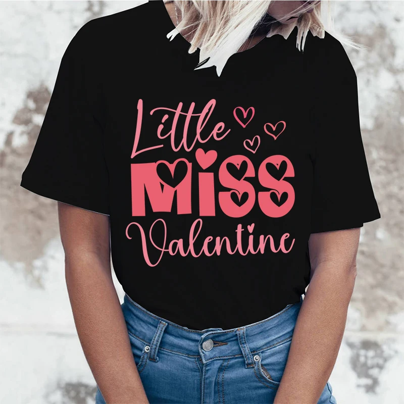 

(High quality T-shirts)Valentine'S Day Little Miss Valentine Print T-Shirts For Women Summer Casual T-Shirts O Neck Short-Sleeve