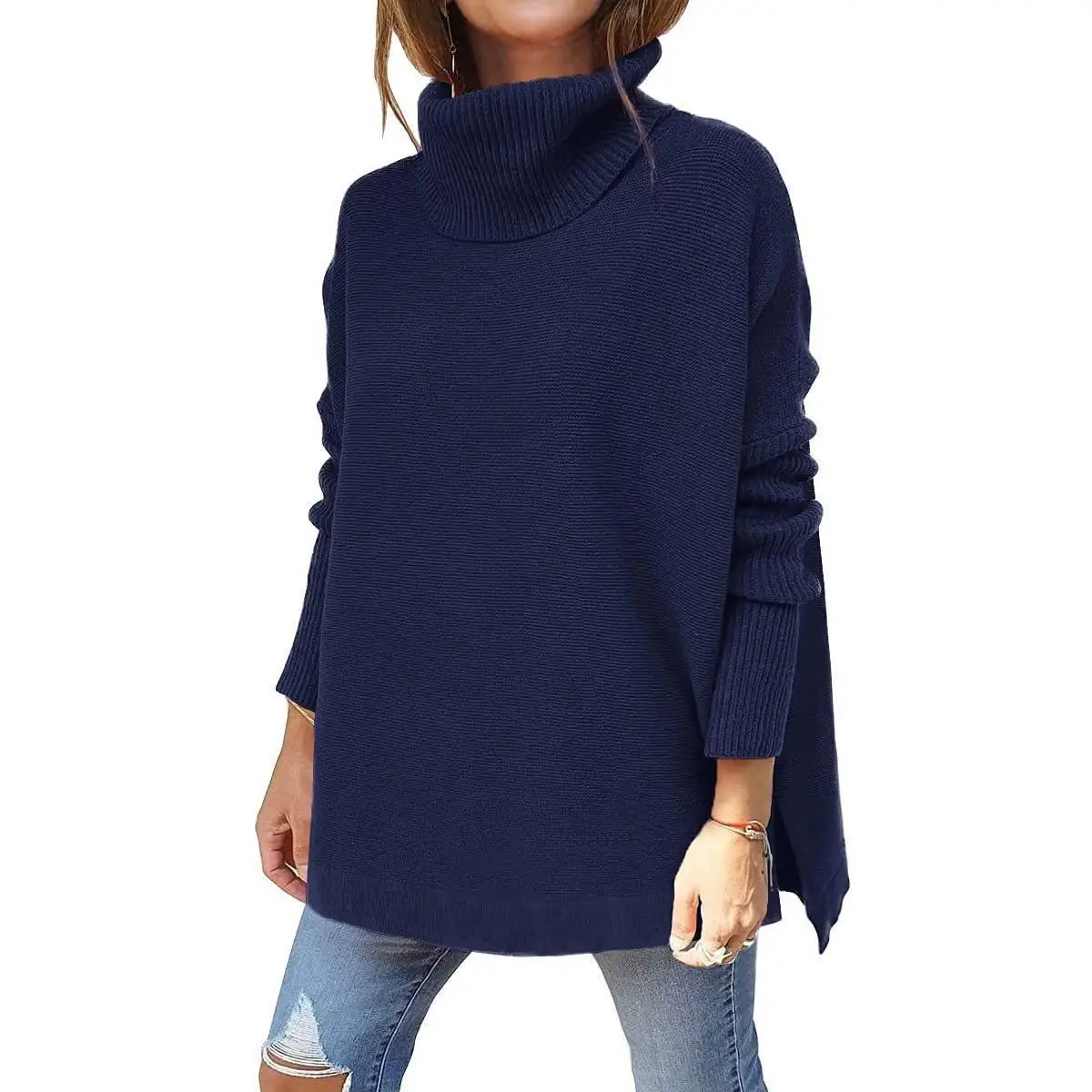 

High Collar Knitted Sweater Women's Belted Mid-Length Batwing Sve Overhead Sweater Thiened Long Sve Color