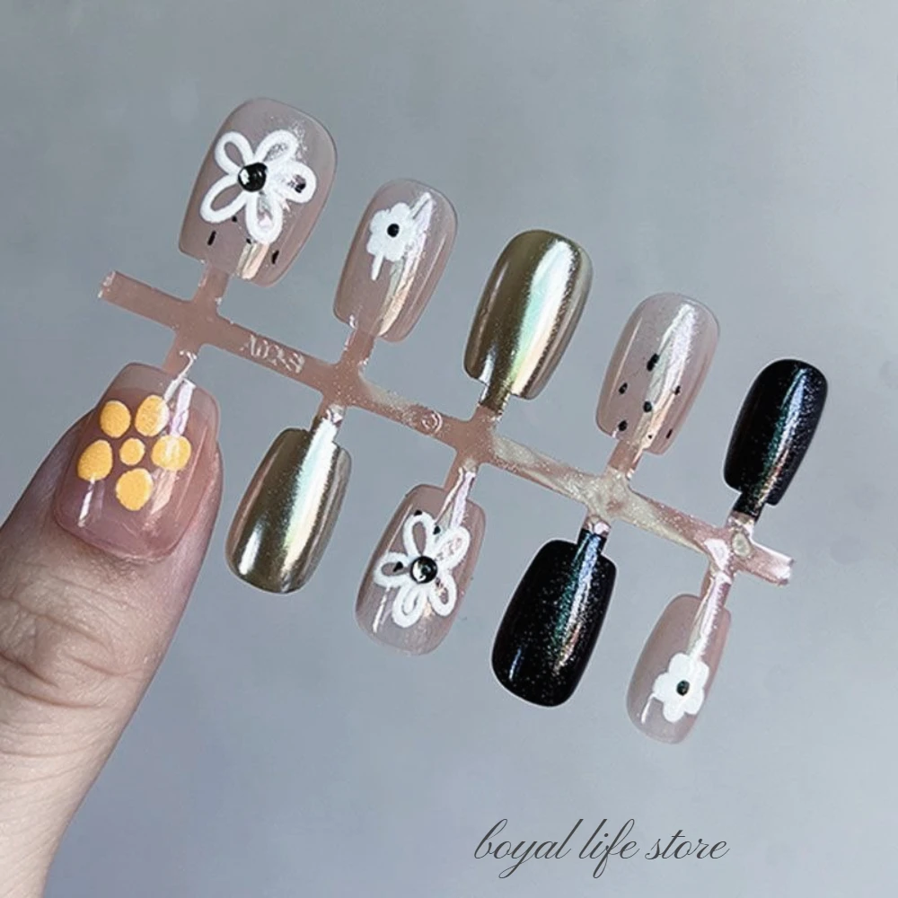 

10pcs Vintage flowers 3D Fake nails Nail tips Press on nails Soft gel Short nail False nails Half handmade