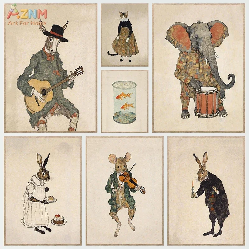 AZNM Vintage Animal Musician Canvas Wall Art Retro Illustrated Donkey Elephant Rabbit Cat Mouse Musical Poster Print Nursery Dec