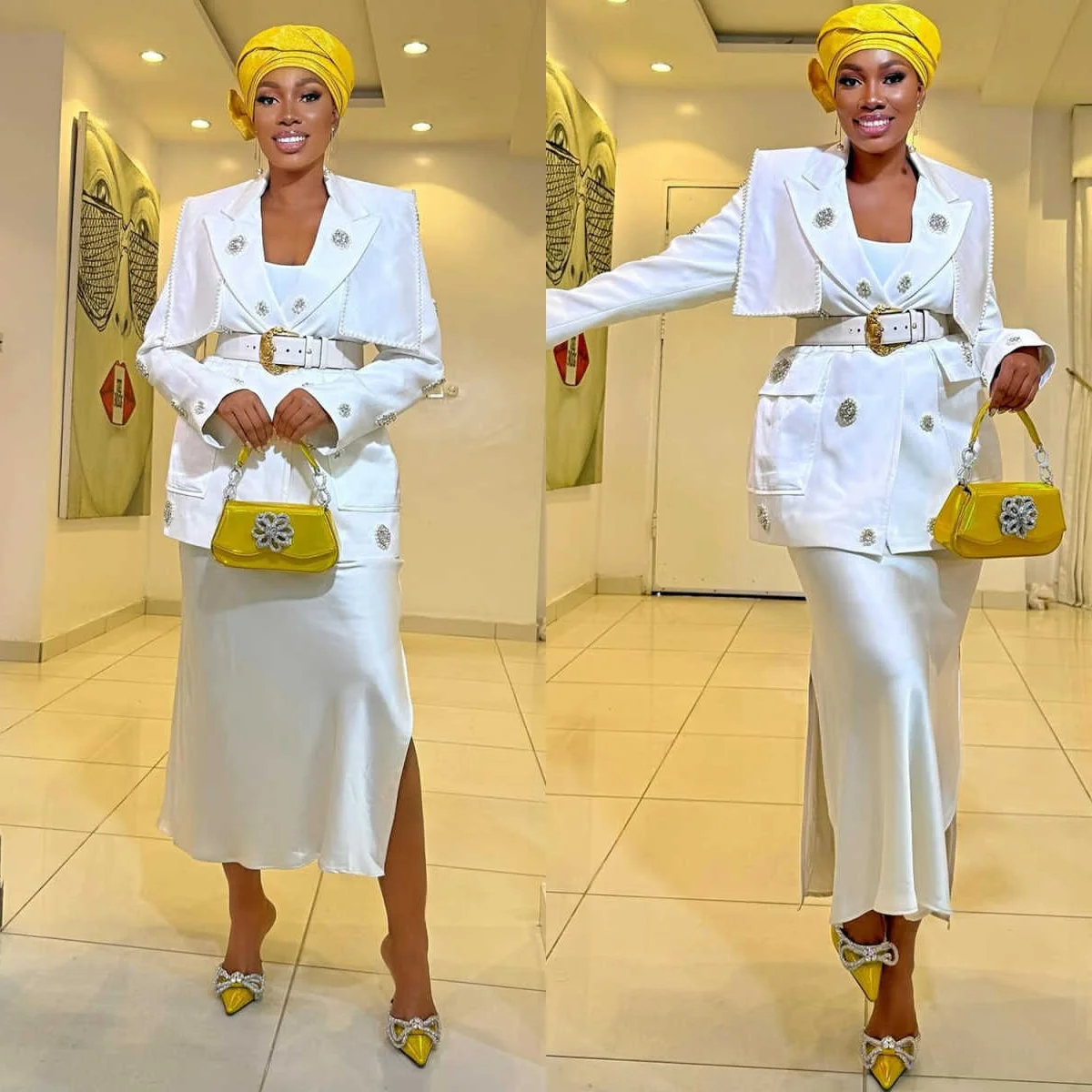 Gorgeous Women Suits 2 Piece Set Jacket Skirt Peaked Lapel Mother Blazer Design Pearls Crystal Business Formal Party Customized