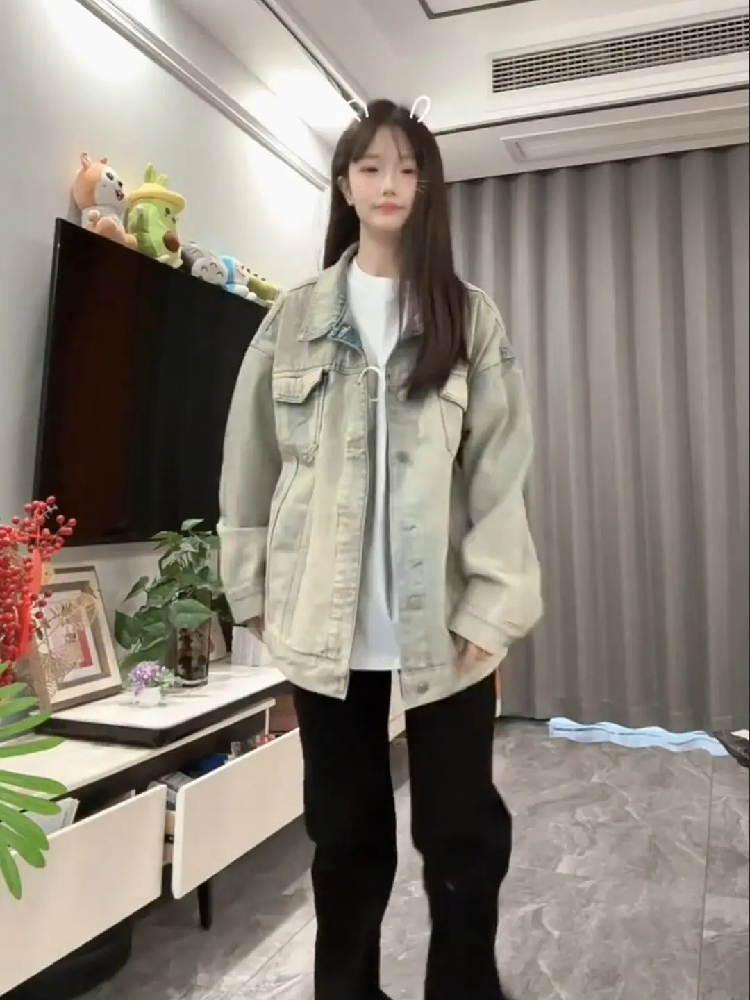 

Denim Coat Patchwork Linen Womens Fall Double-Faced Ribbed Oversized School Pleated Flare Drawstring Appliques Outcoats Short OL