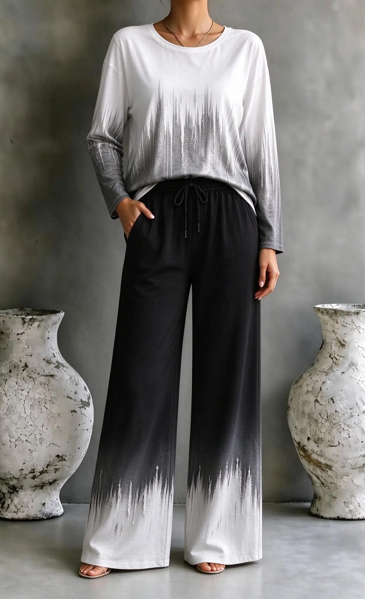 Women Imitation Cotton Loungewear Set Boho Black And White Ombre Gradient Tie Dye Print Long Sleeve Pajamas
