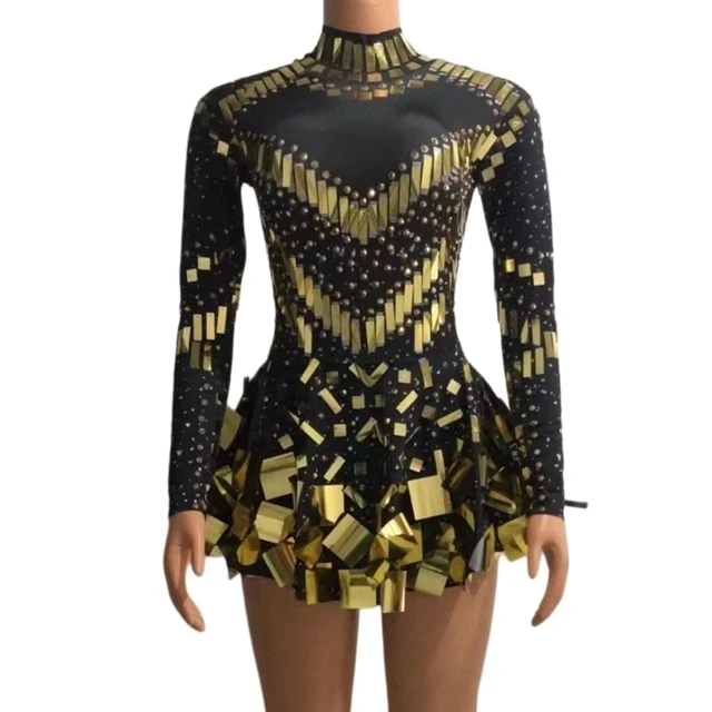 Vestido de festa com espelho arco-íris feminino, vestido de palco elástico, boate comemoram vestido, roupa preta de bailarina, 2023