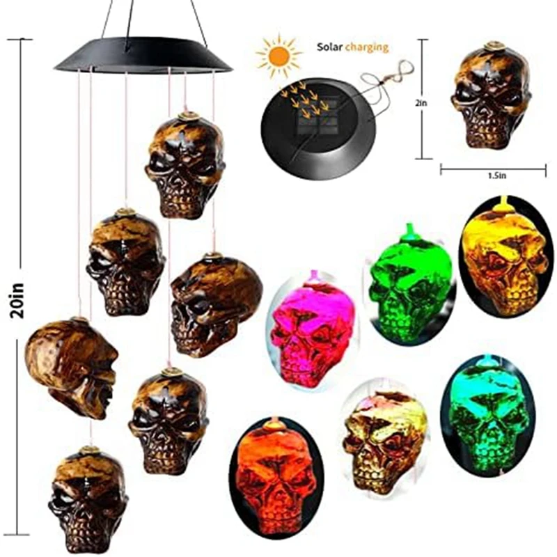 Halloween Skull Skeleton LED campanelli eolici solari per esterni per Halloween Outdoor portico Yard Garden facile installazione