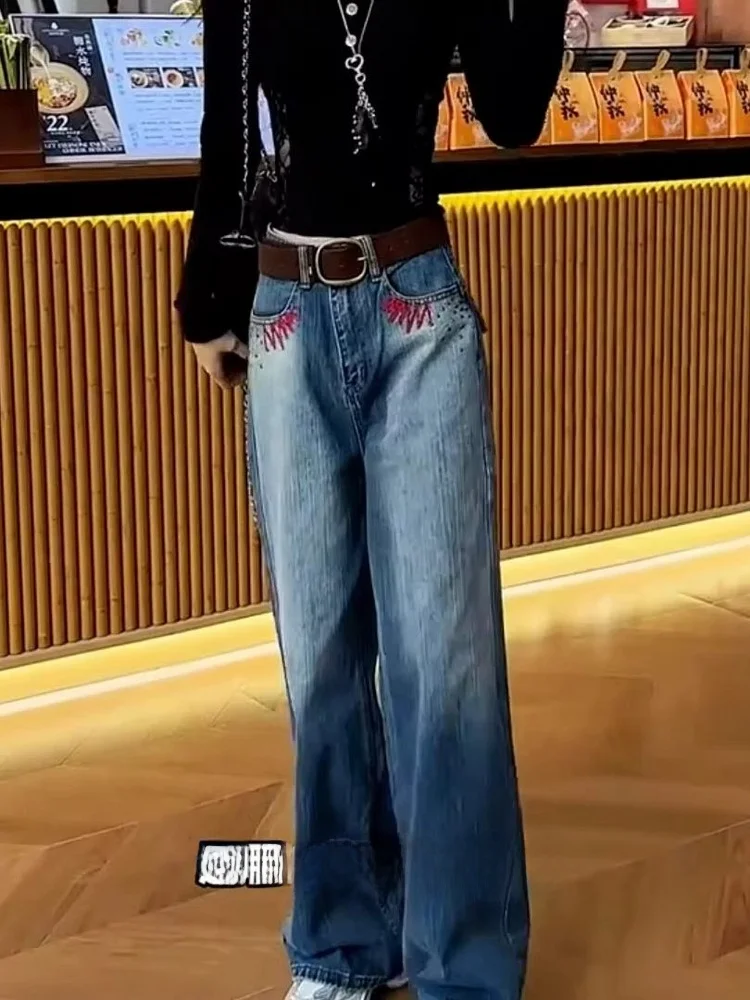 

Американский дизайн, джинсы с вышивкой, высокая талия, широкие штанины, женские универсальные свободные брюки, стройнящие, длинные, весна 2026, новый стиль