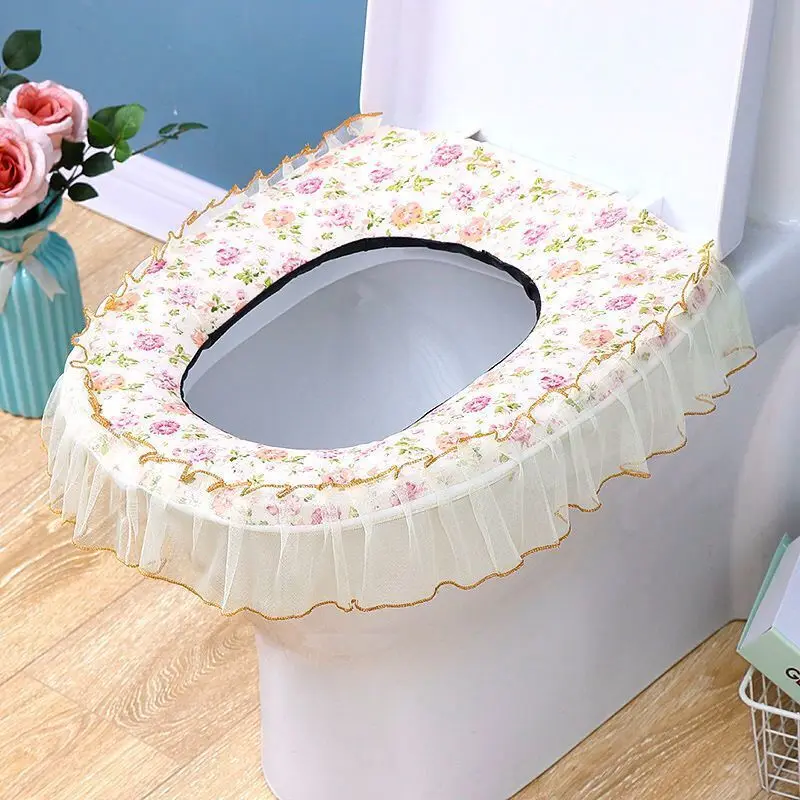 Toilet Seat Cover Lace Design Floral Spring Autumn Bathroom Washable Three-piece Korean Style Household Merchandises Accessories