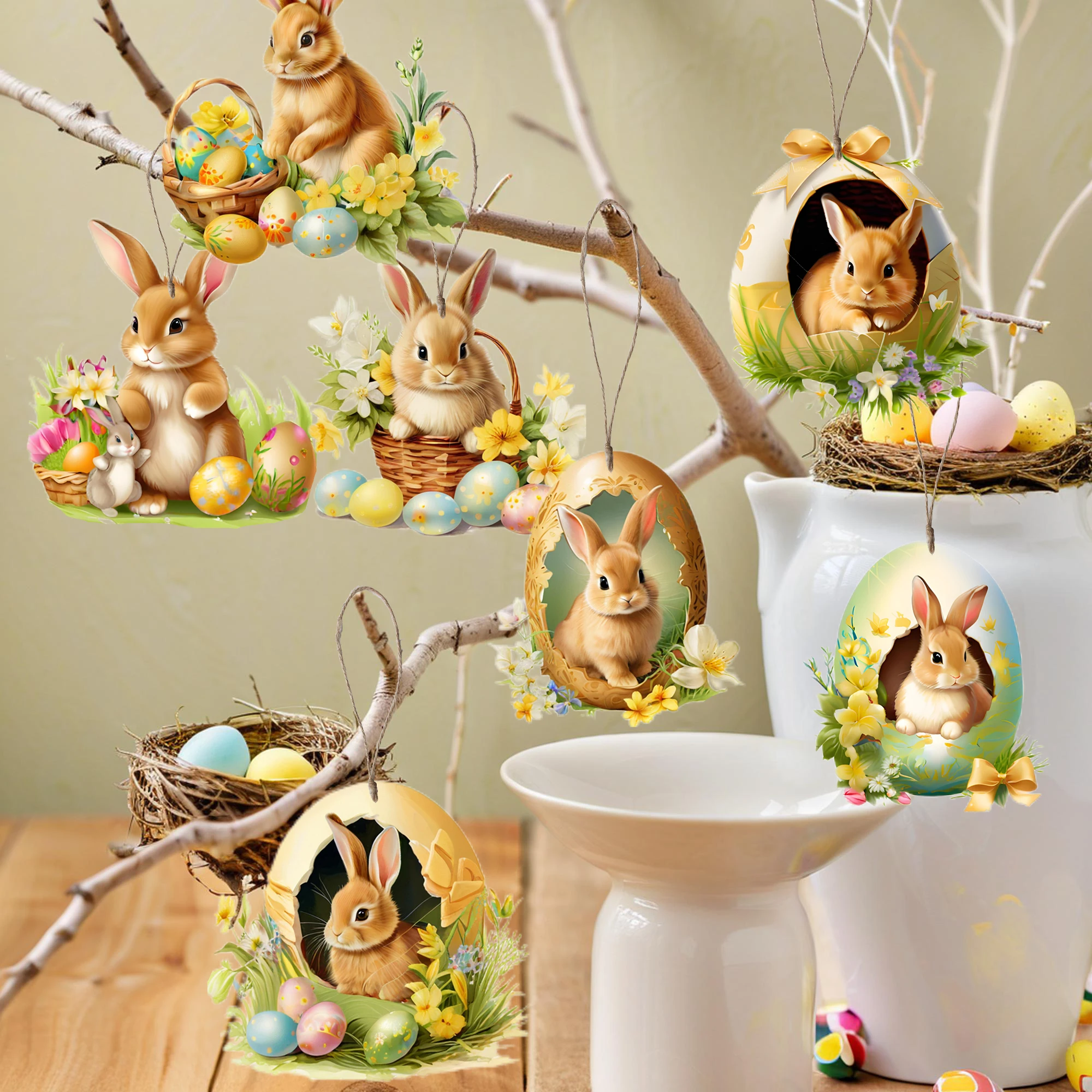 18pcs/set Easter ornament, 2D wooden pendant, home decoration, courtyard garden decoration, holiday decoration