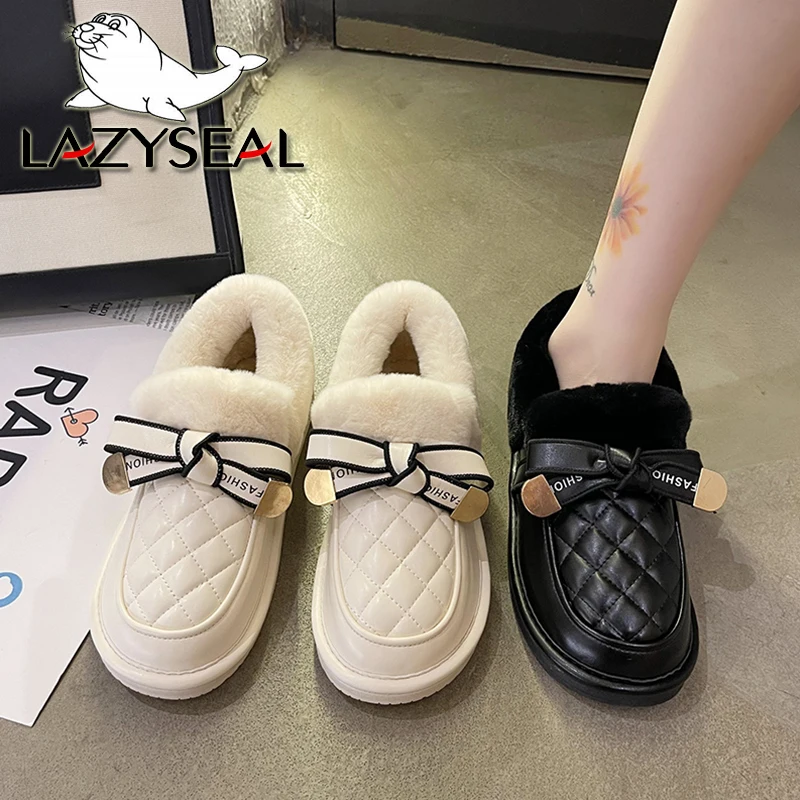 LazySeal Sweet Warm Winter Snow Boots PU Leather Shoe Women Female Plush Lining Warm Flat Heel Snow Booties Bow Knot Boots Women