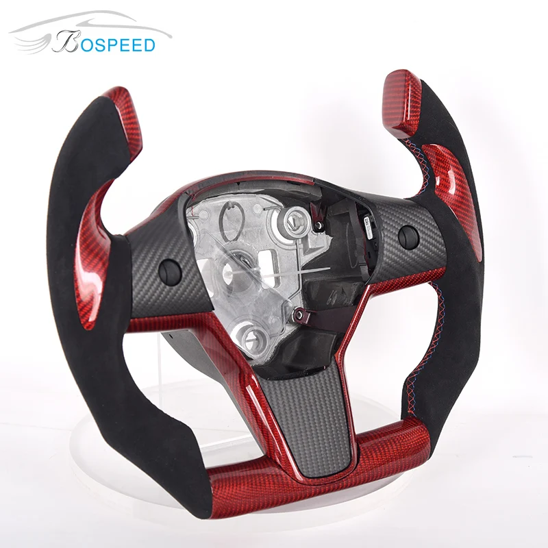 

Car Steering Wheel For Tesla Model Y Model 3 Plaid Red Gloss Carbon Fiber Black Alcantar-a Plane Style