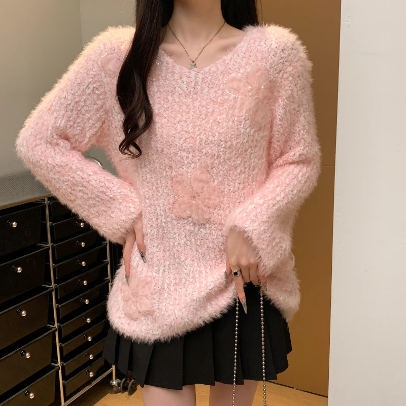 

Женский свободный крой V-Ne норковый свитер iny с блестками и цветочным узором, осень-зима, милый топ, модный женский трикотаж