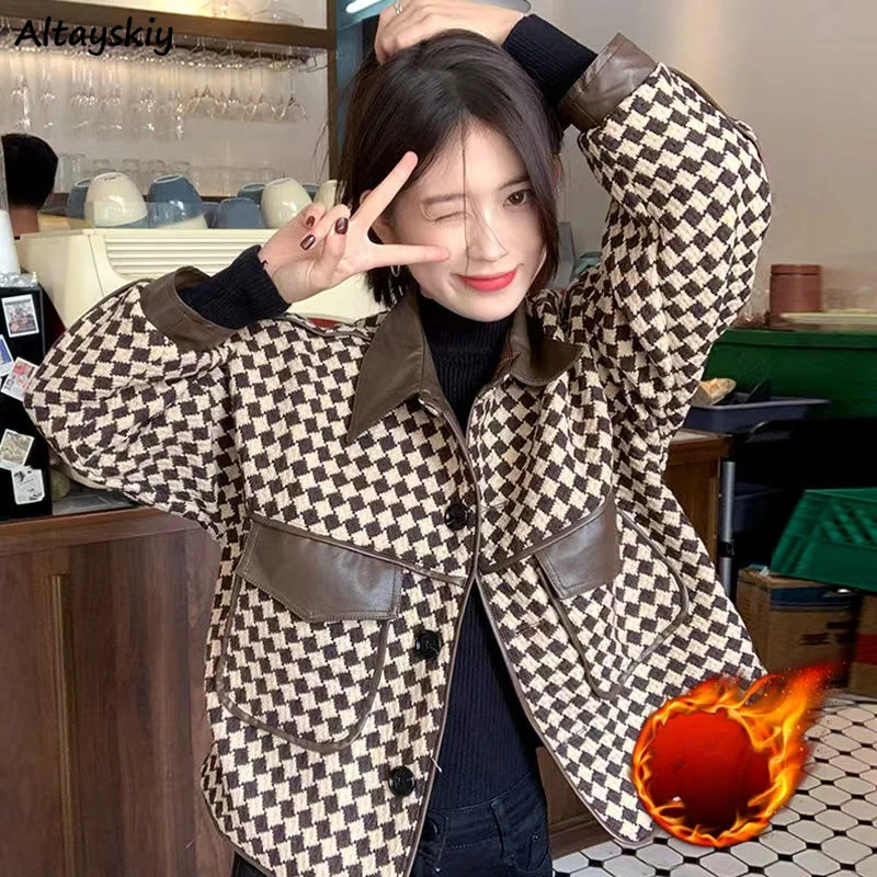 

Plaid Jackets Women Thickening Warm Crop Coats Streetwear Vintage Harajuku Korean Style Stylish All-match Leather Patchwork New