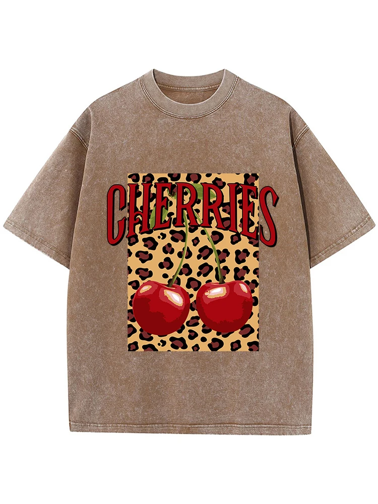 Cherries Leopard Printing Male Washed T-Shirt Fashion Casual O-Neck Tshirt Street Hip Hop Tops Summer Loose Distressed Clothes