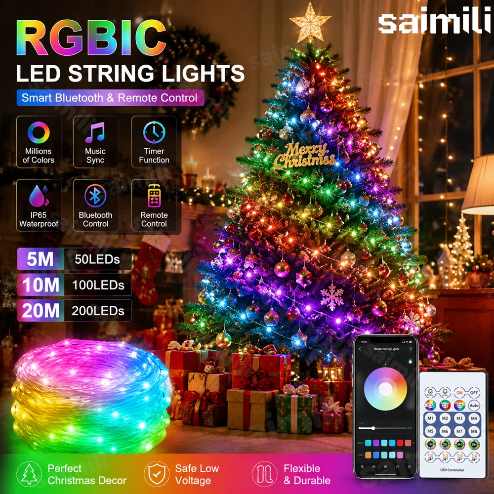 

USB RGBIC LED String Lights WS2812B Bluetooth APP Remote Adjustable Modes Waterproof Lamp For Home Room Holiday Party Decor