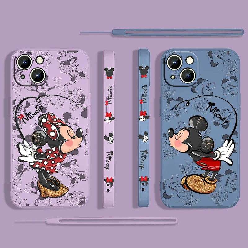 Mickey Love Minnie Disney For Apple iPhone 15 14 13 12 Mini 11 Pro XS MAX XR X 8 7 Plus Liquid Left Rope Phone Case Coque Capa