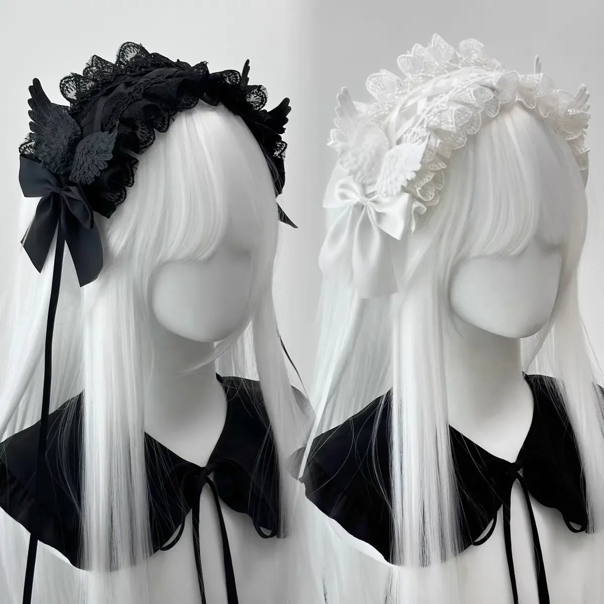 Gothic Angel Wings Maid Bonnet Hairband Lolita Girl Cosplay Costume Accessories Retro Adjustable Ruffles Solid Headwear Women