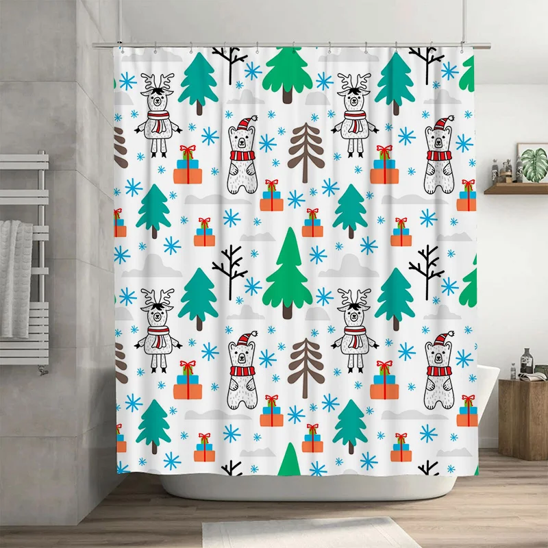 

TU Festive Christmas Bear Shower Curtain Waterproof Holiday Forest Animals Cute Holiday Decor Bathroom Fabric Backdrop Christmas