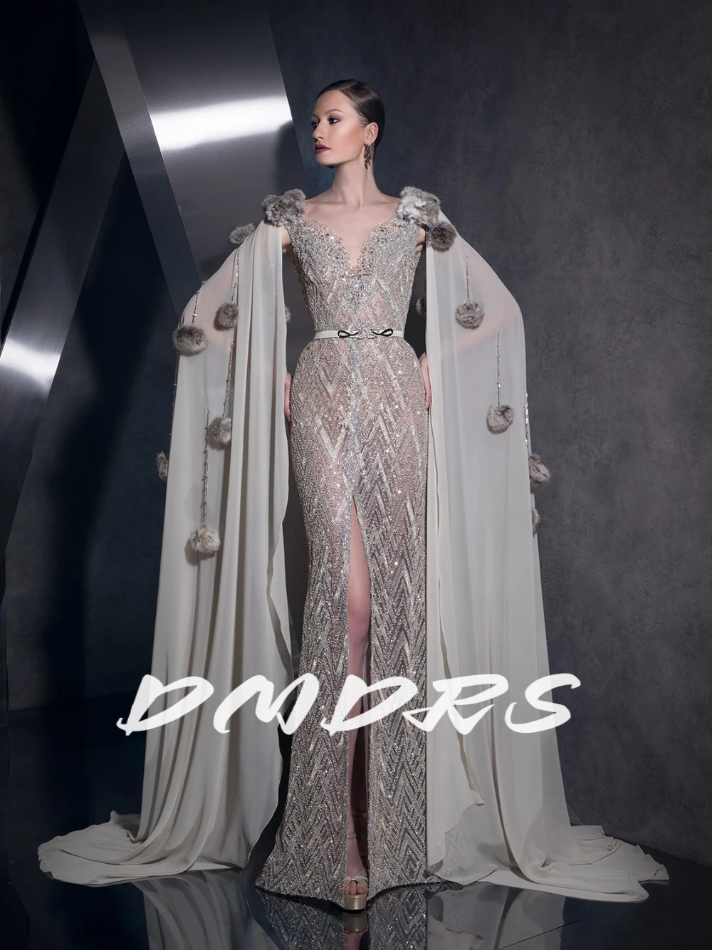 

DMDRS Fashionable Long Cape Dazzling Evening Dress Sexy Illusion Front Slit Cocktail Gown With Fur Tassel Richly Formal Wear